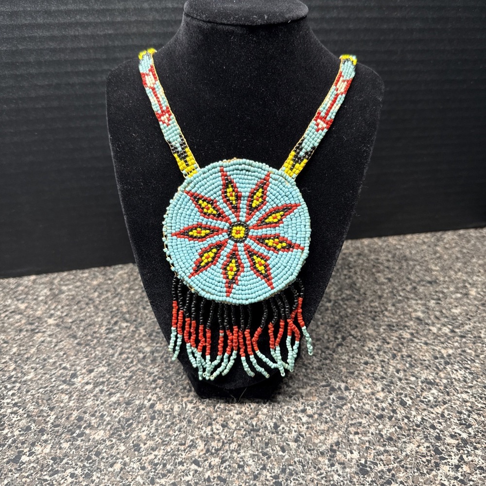 Native American Style Beaded Medallion Necklace Leather Back Turquoise Color 27”
